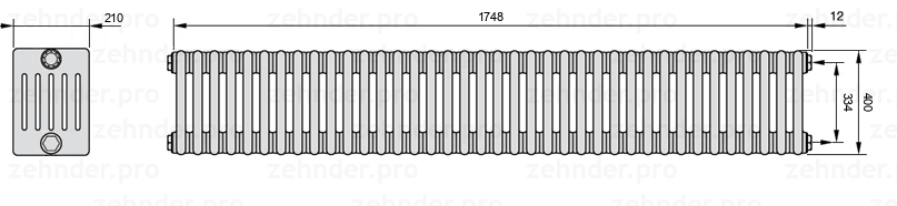 Схема (чертеж) Радиатор Zehnder Charleston 6040/38 №7610 Белый глянцевый RAL 9016